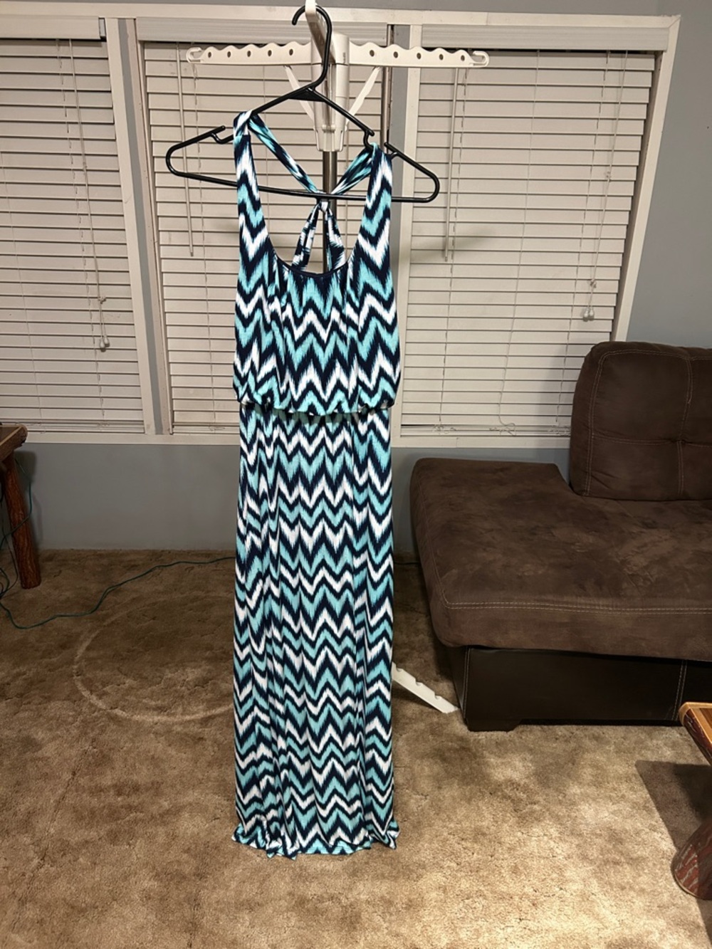 Chevron Maxi Dress in Teal, Navy & White